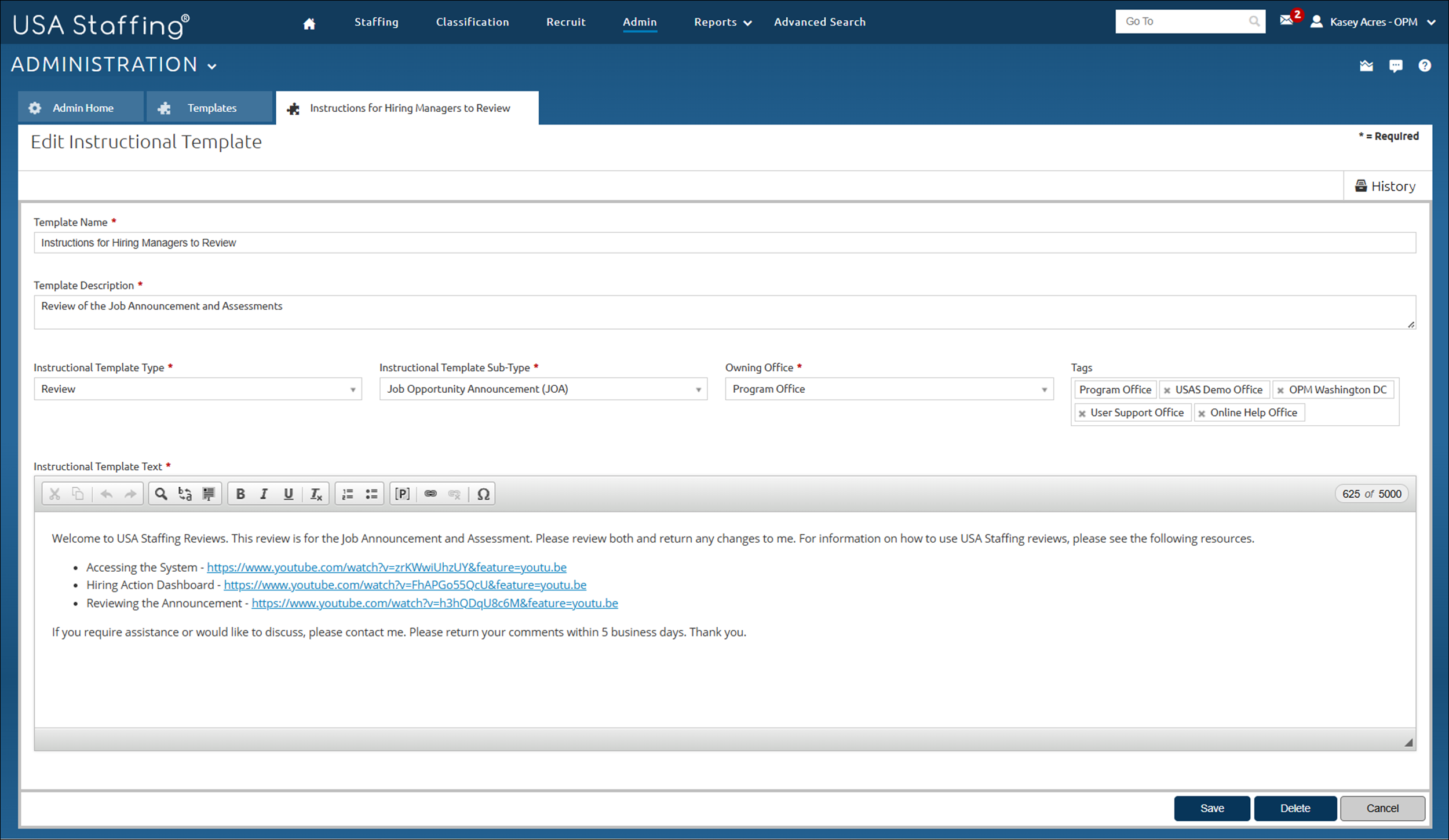 Modifying an instructional template – USA Staffing Online Help